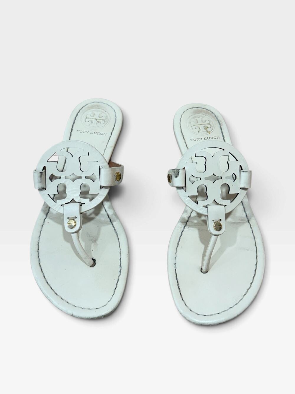 Tory Burch Miller Leather Logo Thong Sandals Bleach White Size 7